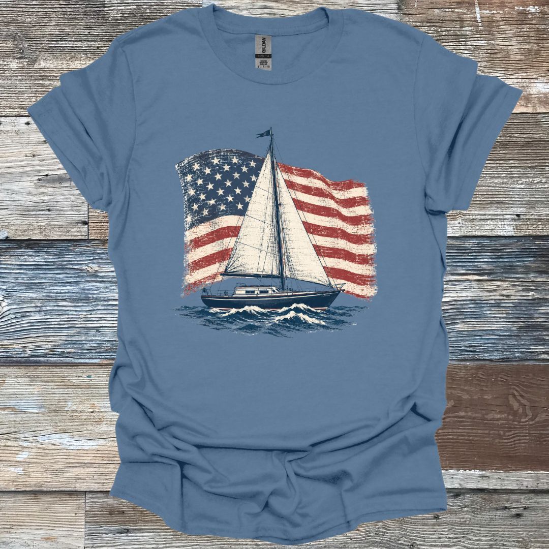 American Flag Sail Boat T-Shirt