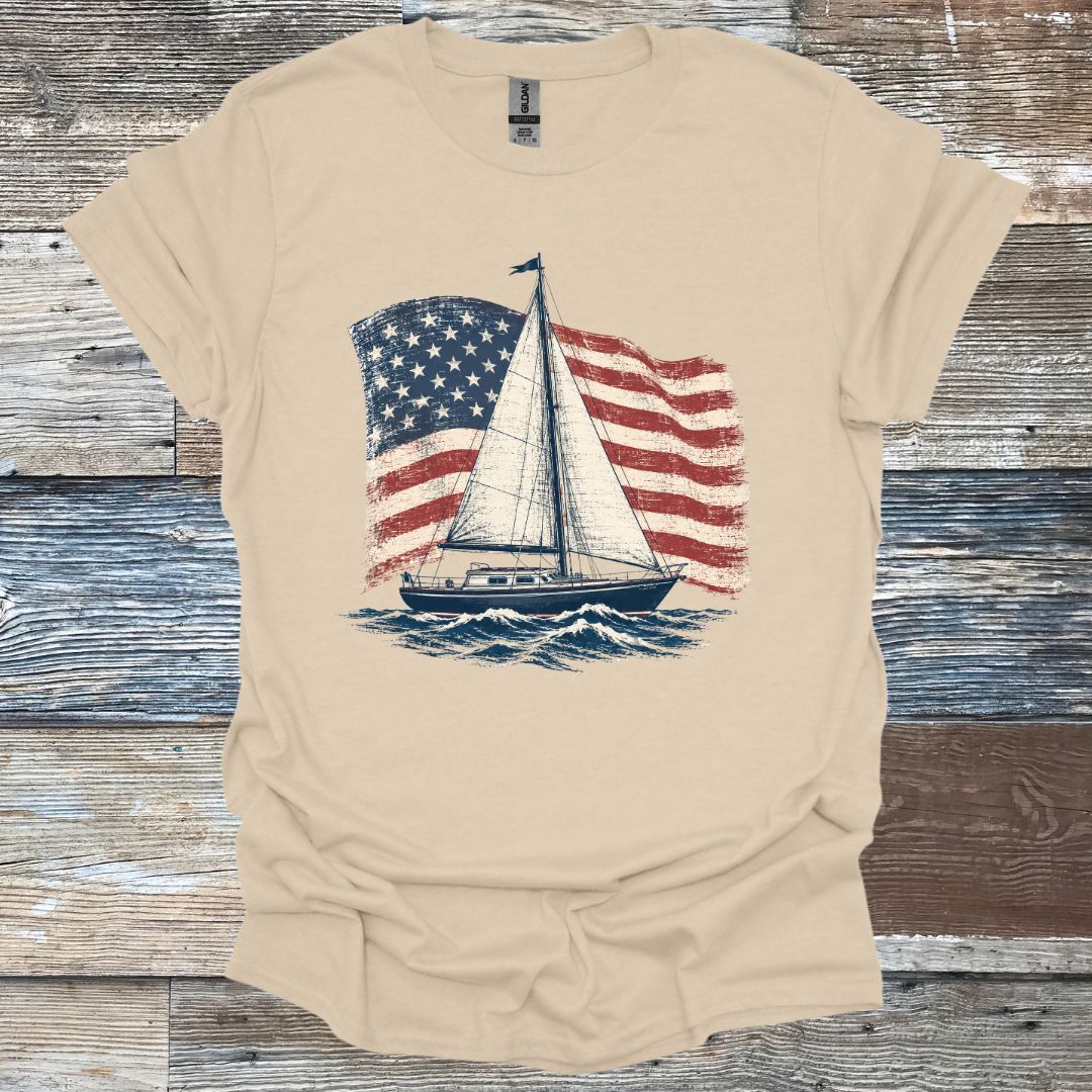 American Flag Sail Boat T-Shirt