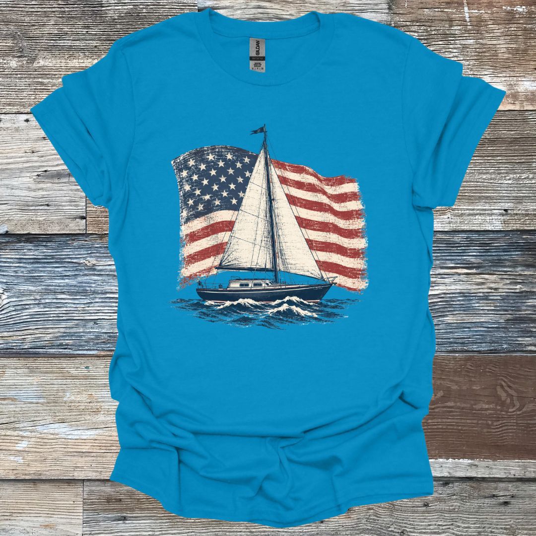 American Flag Sail Boat T-Shirt