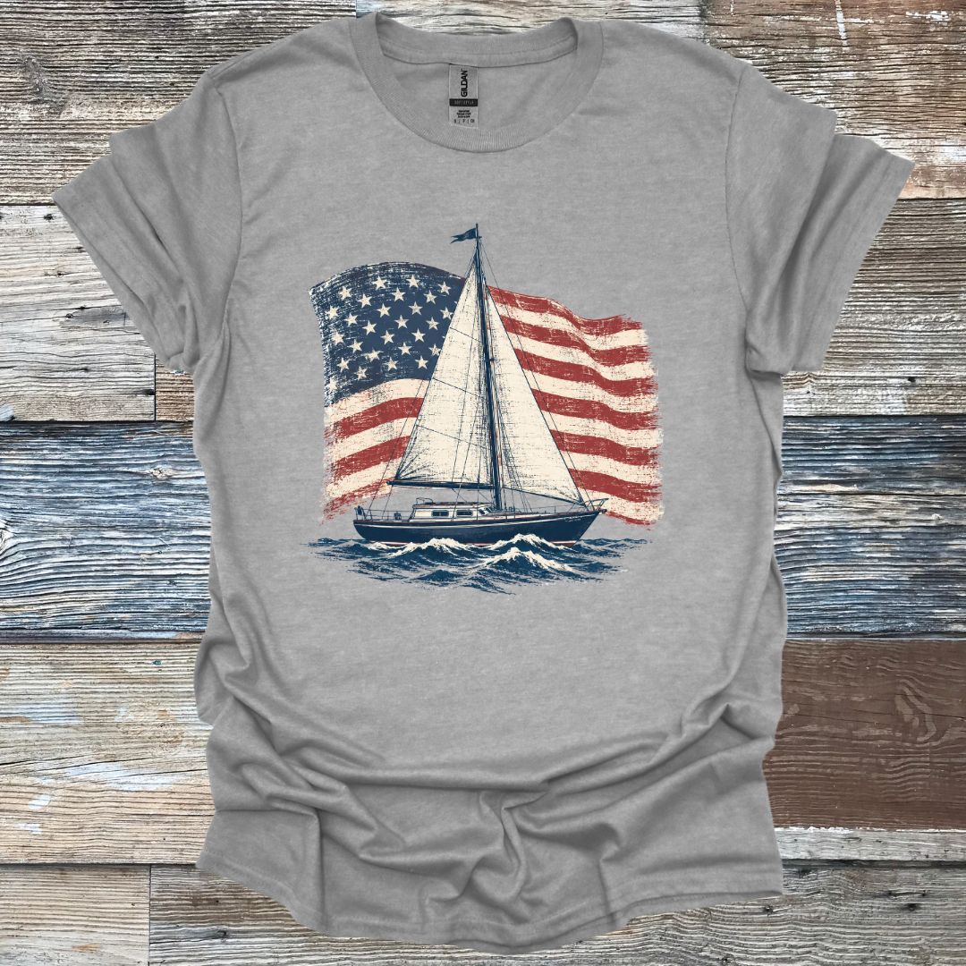 American Flag Sail Boat T-Shirt