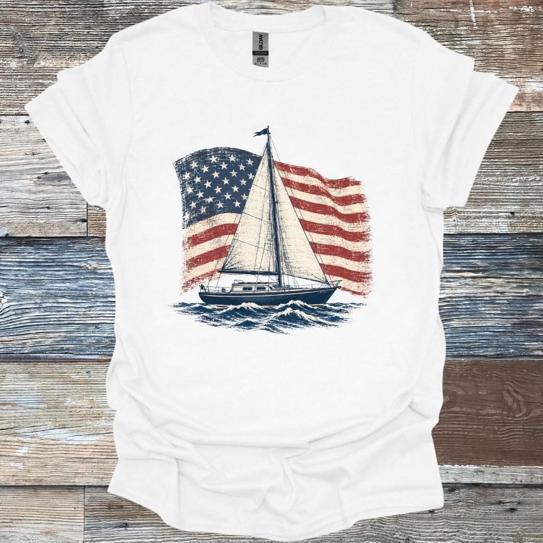 American Flag Sail Boat T-Shirt